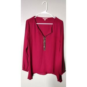 Juicy Couture Womens Sz L Maroon Tunic Blouse 100% Polyester Rhinestone V Neck